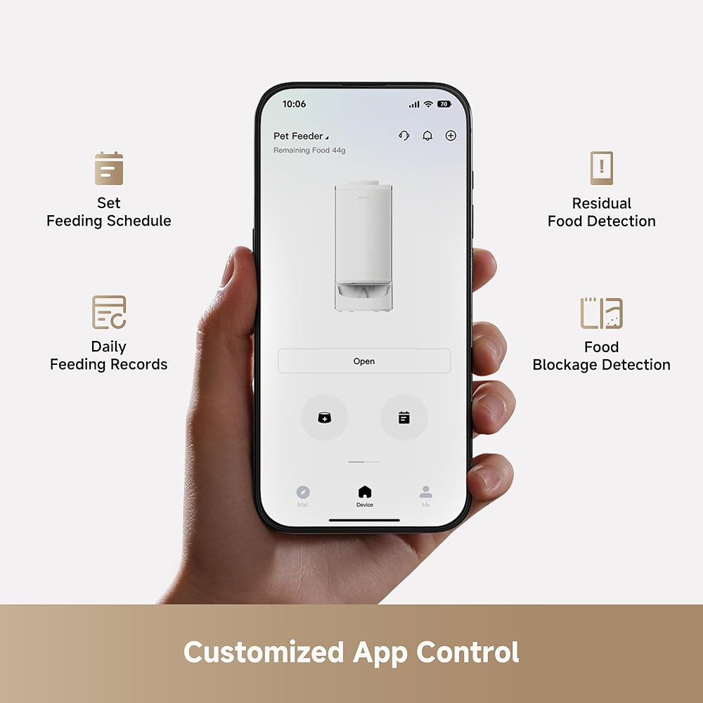 A hand holds a smartphone showing the MOVA PF10 Pro Automatic Cat Feeder app by MobileTechnica, highlighting app control, feeding schedule, portion control, feeding records, and food blockage detection. Text below: “Customized App Control.”.