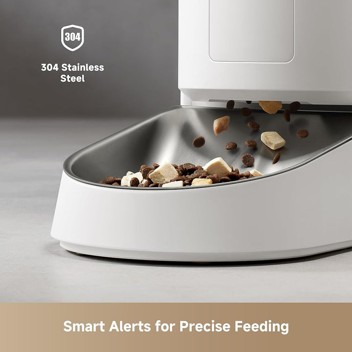 A close-up of the MobileTechnica MOVA PF10 Pro Automatic Cat Feeder 3.4L dispensing dry food into a 304 stainless steel bowl, highlighting “Smart Alerts for Precise Feeding” and app control for easy portion adjustment.