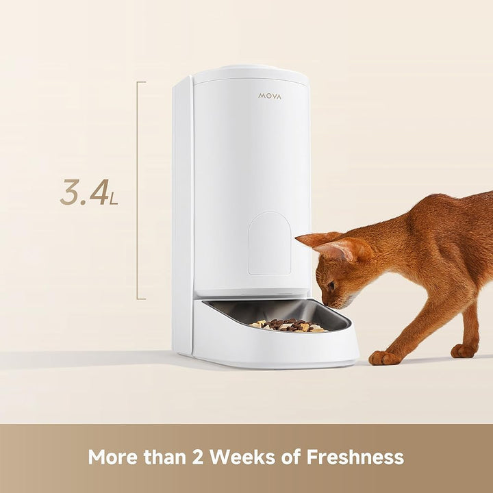 A sleek white MobileTechnica MOVA PF10 Pro Automatic Cat Feeder 3.4L dispenses food as a brown cat eats. Text: “More than 2 Weeks of Freshness.” Portion control keeps meals just right, all set against a beige background.