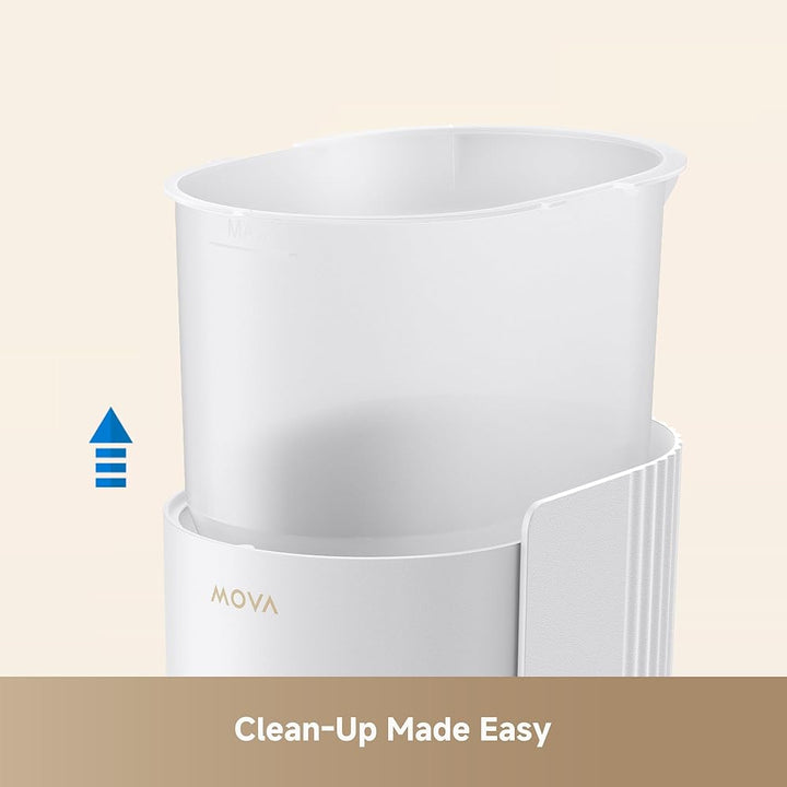 The MobileTechnica MOVA PF10 Pro Automatic Cat Feeder 3.4L features a removable translucent container with an easy-lift blue arrow for simple cleaning, set inside a white base against a soft beige gradient background.