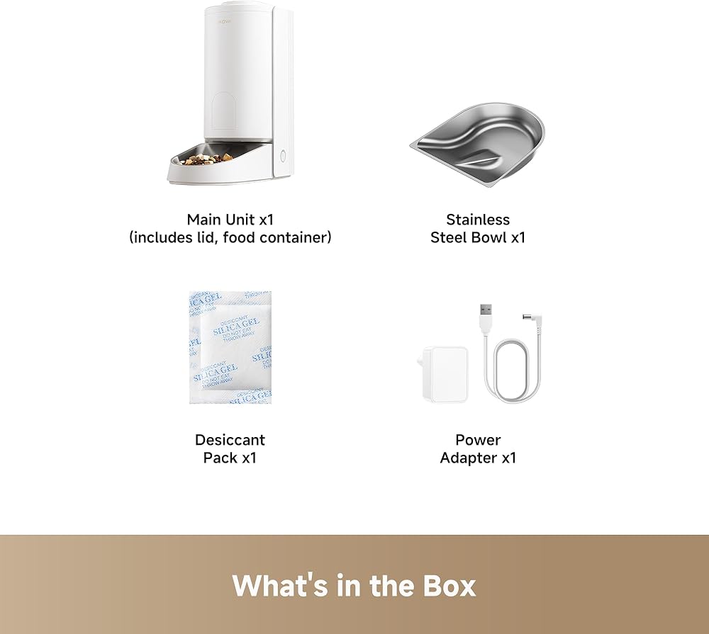 Image shows contents of the MobileTechnica MOVA PF10 Pro Automatic Cat Feeder 3.4L: white feeder unit with lid and food container, stainless steel bowl, desiccant, power adapter with USB cable. Features app and portion control. Text: “What’s in the Box.”.
