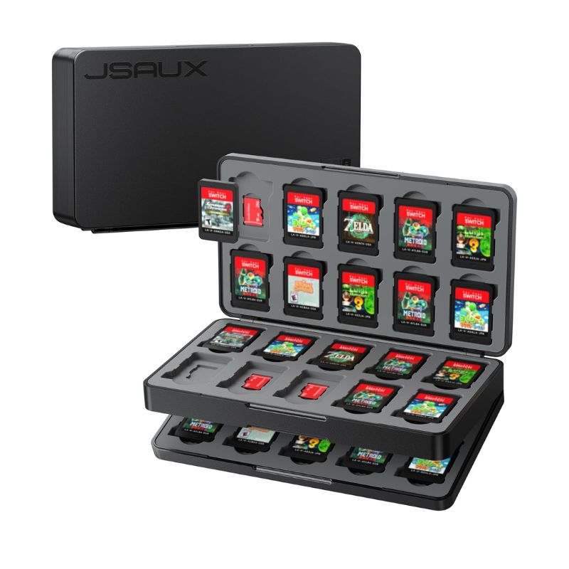 The Jsaux Nintendo Switch 2 Game Card Case (40 slots) is shown open, displaying two trays neatly organizing red-labeled game cards. One hard-shell black case protects your collection, while another is closed, both featuring Jsaux branding.