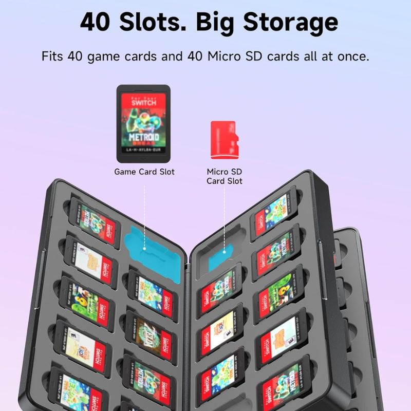 The Jsaux Nintendo Switch 2 Game Card Case stores up to 40 Switch games and 40 Micro SD cards in labeled slots. Its compact hard-shell design features a light blue and pink gradient with "40 Slots. Big Storage" highlights.