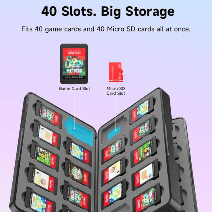 The Jsaux Nintendo Switch 2 Game Card Case stores up to 40 Switch games and 40 Micro SD cards in labeled slots. Its compact hard-shell design features a light blue and pink gradient with "40 Slots. Big Storage" highlights.