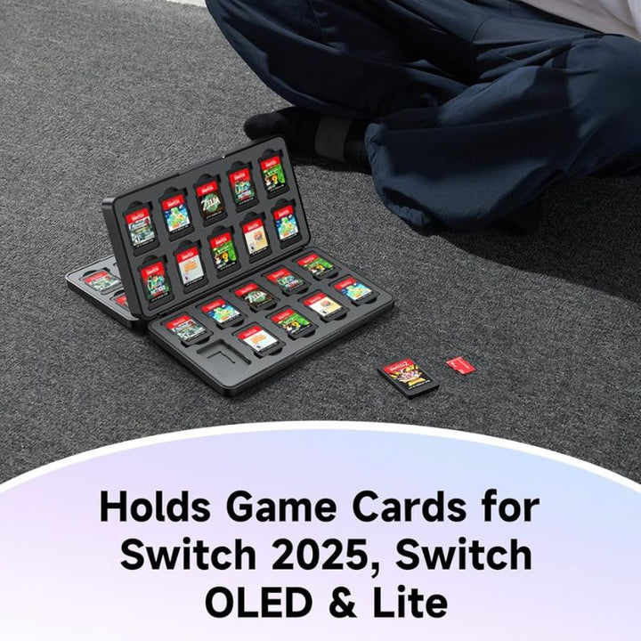 A person sits on a carpeted floor beside the Jsaux Nintendo Switch 2 Game Card Case (40 slots), showing multiple game cartridges. One cartridge is outside. Text: “Stores up to 40 Switch games, protects for Switch 2025, OLED & Lite.”.
