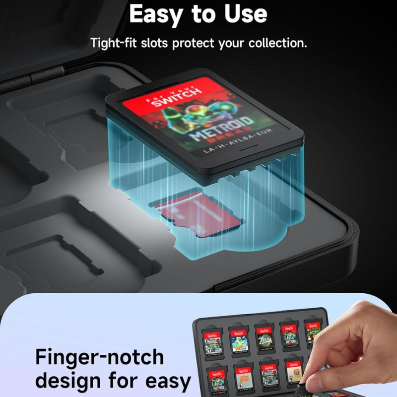 The open black Jsaux Nintendo Switch 2 Game Card Case (40 slots) displays a Metroid game card and microSD card being removed easily. Text highlights "Easy to Use," "Tight-fit slots protect games," and "Stores up to 40 Switch games.