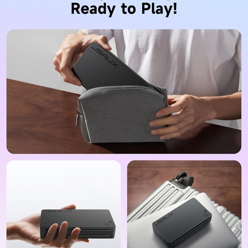 A person puts a black Jsaux Nintendo Switch 2 Game Card Case (40 slots) into a gray pouch on a table. Close-ups highlight the Jsaux case in hand and in a suitcase by wheels, showing its game protection and travel-ready design.