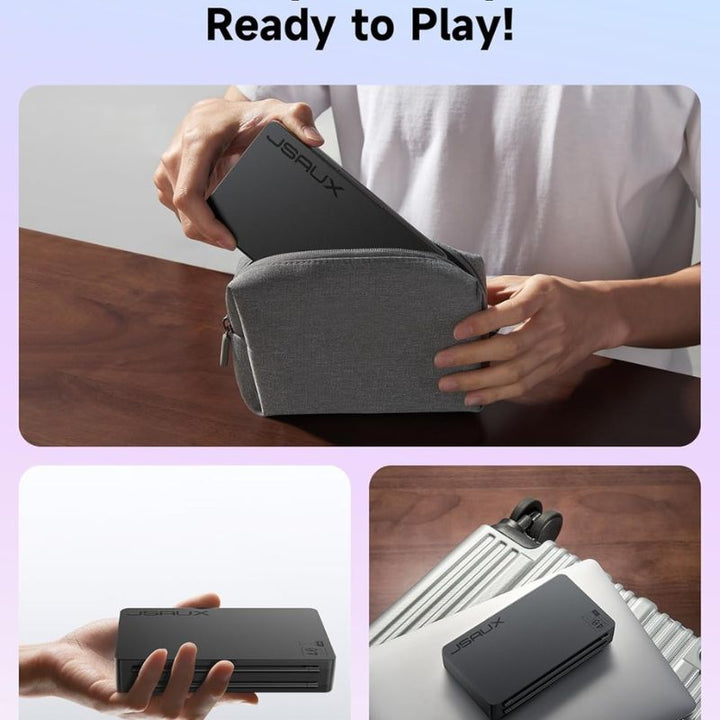 A person puts a black Jsaux Nintendo Switch 2 Game Card Case (40 slots) into a gray pouch on a table. Close-ups highlight the Jsaux case in hand and in a suitcase by wheels, showing its game protection and travel-ready design.