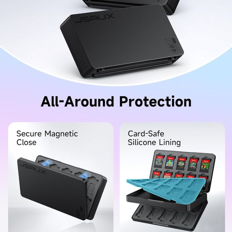 The black Jsaux Nintendo Switch 2 Game Card Case (40 slots) is shown closed, then open to reveal blue silicone lining with memory card slots. Text highlights “Hard-Shell Protection,” “Secure Magnetic Close,” and “Card-Safe Silicone Lining.”.