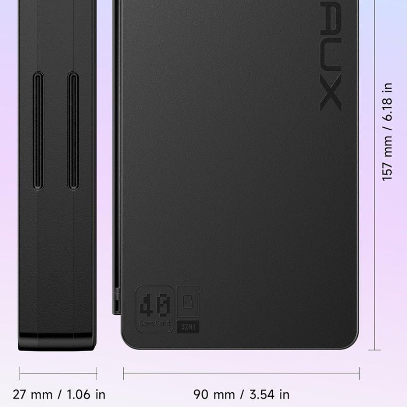 The Jsaux Nintendo Switch 2 Game Card Case, shown in black with a pastel gradient background, features hard-shell protection. It measures 157x90x27mm and has labeled SD/microSD card slots, viewed from the side and top. Holds up to 40 cards.