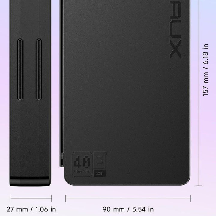 The Jsaux Nintendo Switch 2 Game Card Case, shown in black with a pastel gradient background, features hard-shell protection. It measures 157x90x27mm and has labeled SD/microSD card slots, viewed from the side and top. Holds up to 40 cards.