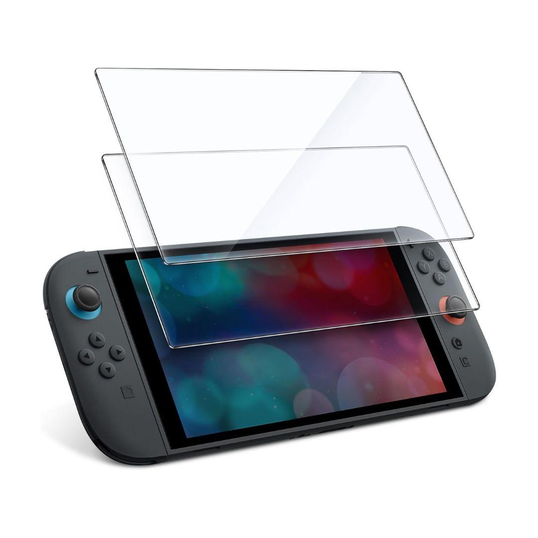 A black Nintendo Switch 2 is angled on a white background, displaying vibrant colors. Above it, two JETech Nintendo Switch 2 Screen Protectors from the 2 Pack are shown, offering clear protection for the handheld gaming console.
