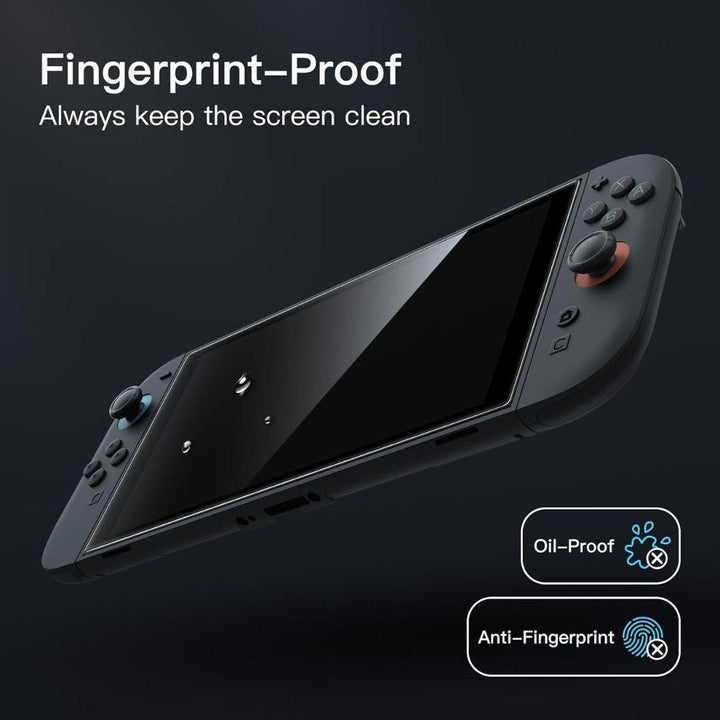 The JETech Nintendo Switch 2 Screen Protector 2 Pack keeps your screen clean with oil-proof, anti-fingerprint, and crystal-clear protection. Water droplets are shown on-screen beneath “Fingerprint-Proof Always keep the screen clean.”.