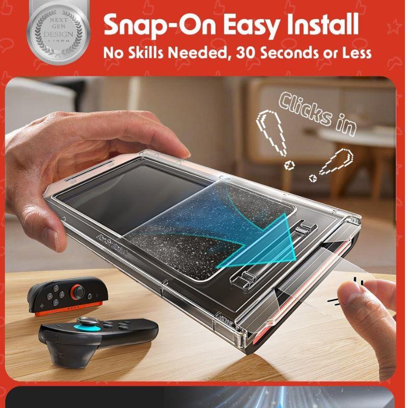 A hand snaps a LISEN Nintendo Switch 2 Screen Protector into place with a blue "Clicks in" arrow. A detached controller is visible. Text above: “Snap-On Easy Install. No Skills Needed, 30 Seconds or Less.”.