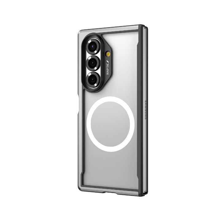 The RAPTIC Shield Black case for Samsung Galaxy Fold 7 features black edges, hinge protection, a white circular MagSafe design, and a reinforced frame for enhanced protection on a phone with three rear cameras in vertical layout.