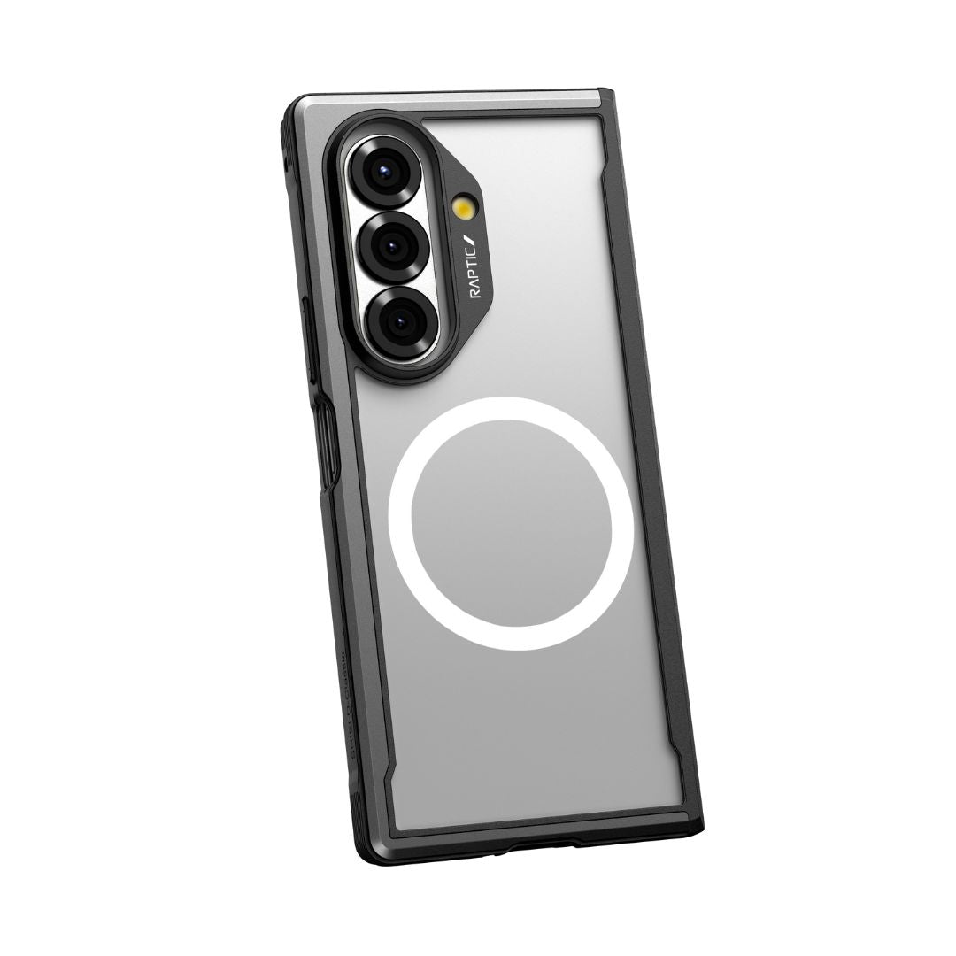 The RAPTIC Samsung Galaxy Fold 7 - Raptic Shield Black case offers transparent protection, black edges, a white MagSafe-compatible ring, hinge coverage for durability, and fits snugly over the phone's three cameras and flash.