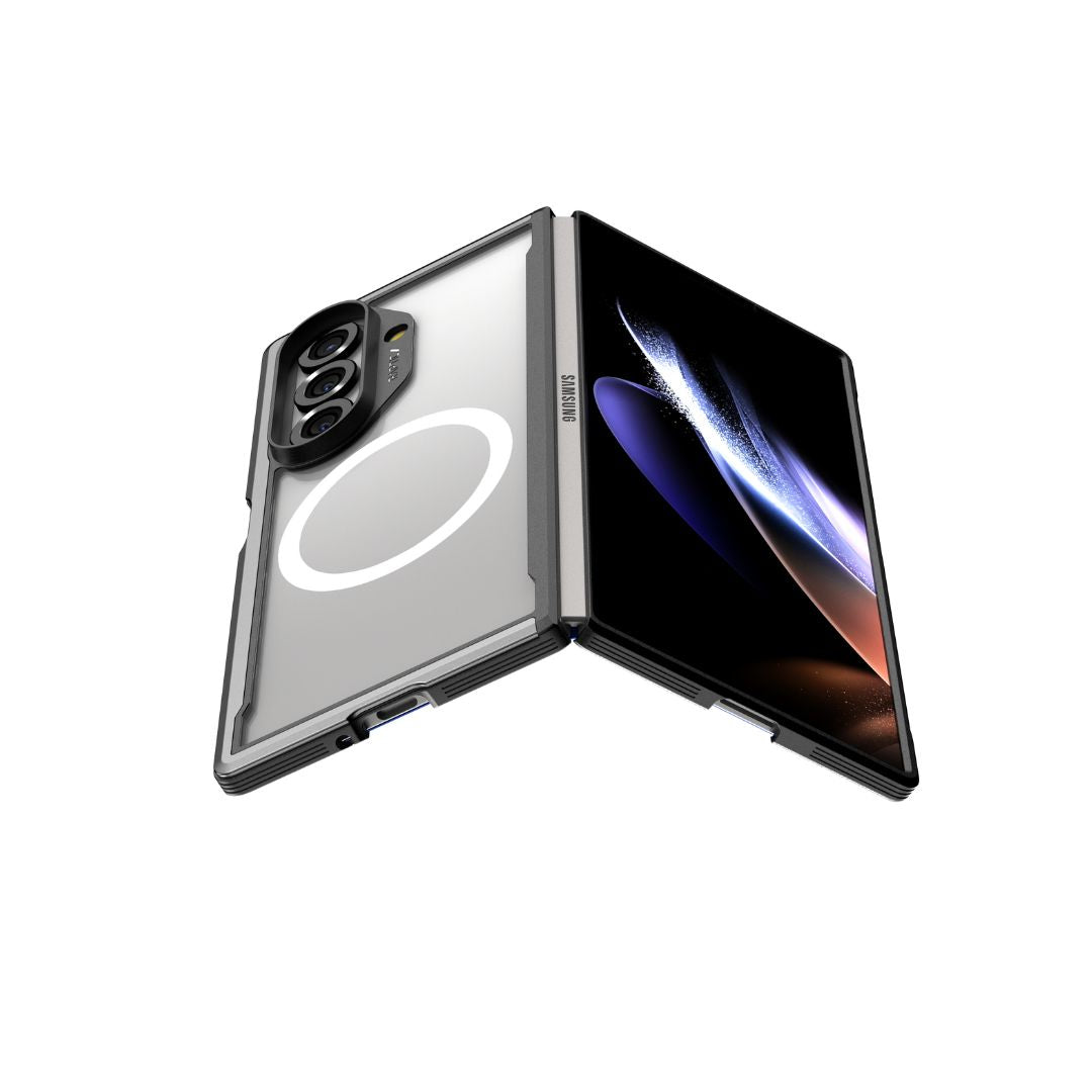A partially open Samsung Galaxy Fold 7 displays abstract blue and white lights. It’s protected by a RAPTIC Shield Black case featuring hinge protection, a circular MagSafe-style ring, and a triple-lens camera.