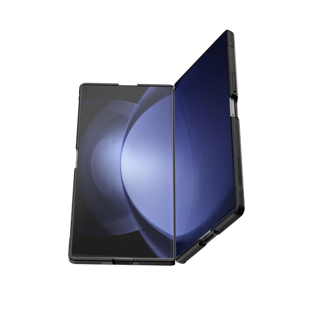 The Samsung Galaxy Fold 7 - Raptic Shield Black by RAPTIC is shown partially open on a white background, with dual seamless touchscreens joined by a central hinge and advanced black hinge protection. The screens display a blue abstract circular design.