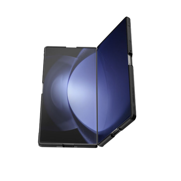 The Samsung Galaxy Fold 7 - Raptic Shield Black by RAPTIC is shown partially open on a white background, with dual seamless touchscreens joined by a central hinge and advanced black hinge protection. The screens display a blue abstract circular design.