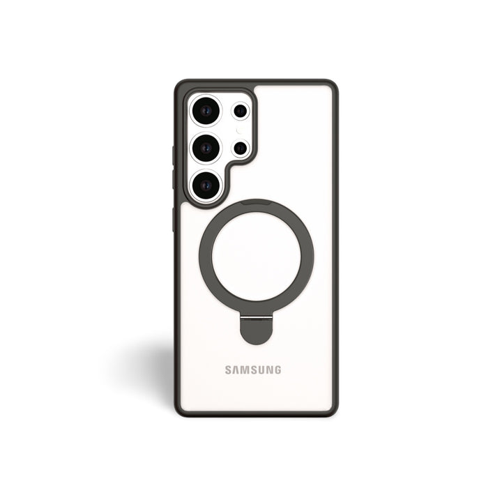The RAPTIC Samsung S25 Stand Case - Raptic Air Stand is a clear case with black edges and a large circular MagSafe-compatible ring, designed for the Samsung S25, featuring four rear cameras and "SAMSUNG" printed at the bottom.
