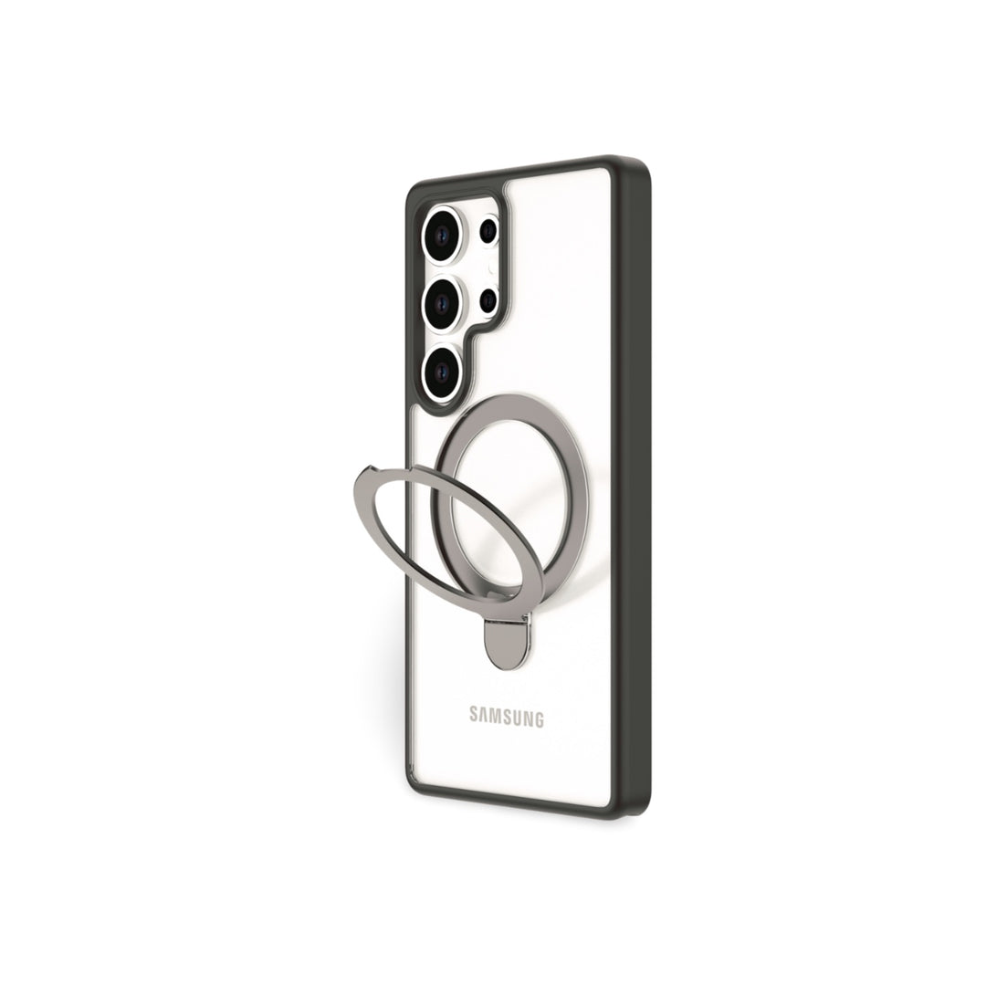 A Samsung S25 is shown upright in a RAPTIC Air Stand case, displaying four rear cameras. The clear case features a metallic ring stand, open and angled outward. The background is plain white.