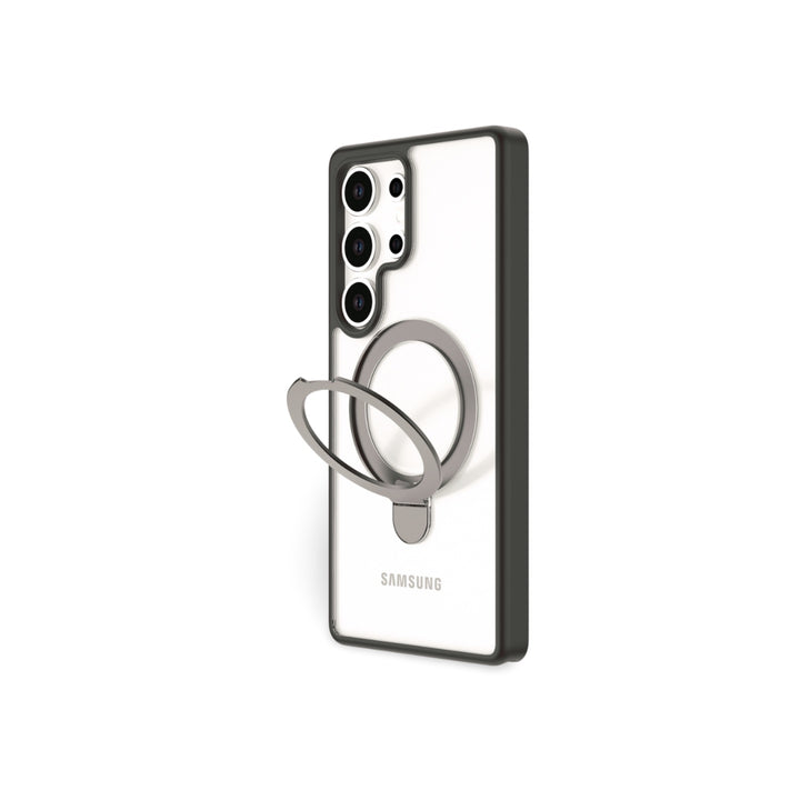 A Samsung S25 is shown upright in a RAPTIC Air Stand case, displaying four rear cameras. The clear case features a metallic ring stand, open and angled outward. The background is plain white.