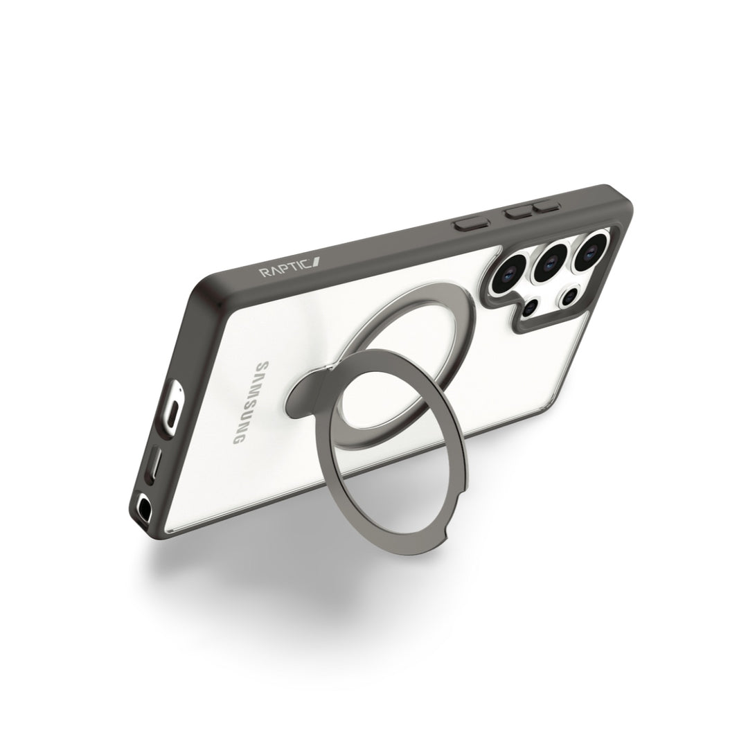 The RAPTIC Samsung S25 Stand Case – Raptic Air Stand is shown in clear and black, featuring a built-in metallic ring stand extended to keep the phone upright. The case includes cutouts for the camera, ports, and buttons.