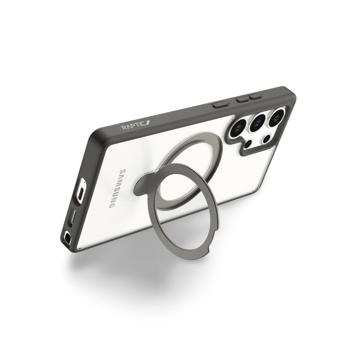 The RAPTIC Samsung S25 Stand Case – Raptic Air Stand is shown in clear and black, featuring a built-in metallic ring stand extended to keep the phone upright. The case includes cutouts for the camera, ports, and buttons.