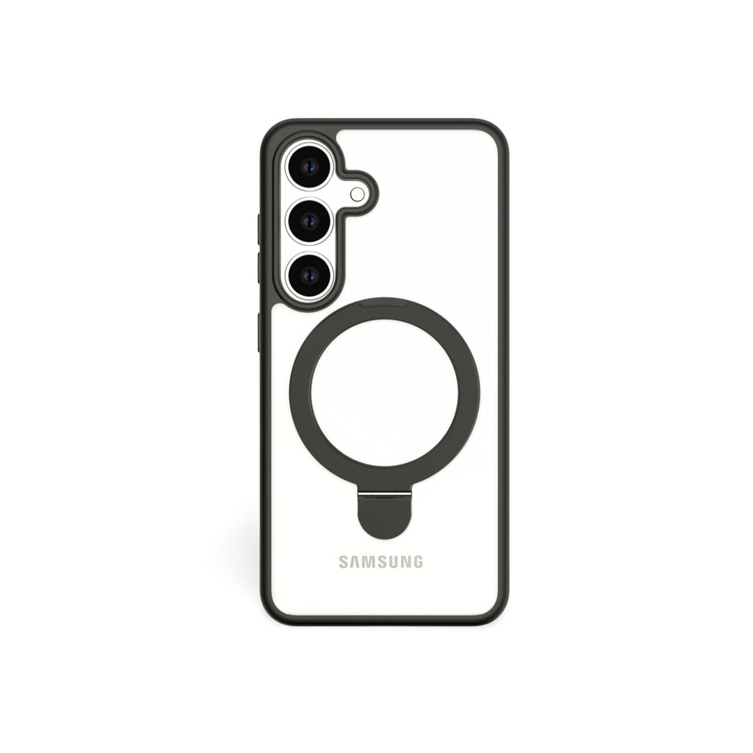 The RAPTIC Samsung S25 Stand Case - Raptic Air Stand is shown on a Samsung smartphone with a clear design, black border, three vertically aligned rear cameras, a large central black ring, and visible Samsung logo against a white background.