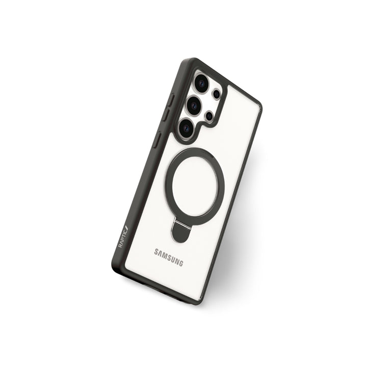 A black and white RAPTIC Samsung S25 Stand Case (Raptic Air Stand) with "ATOM" branding, a large circular MagSafe-style ring on the back, and cutouts for four cameras plus an LED flash in the top left corner.