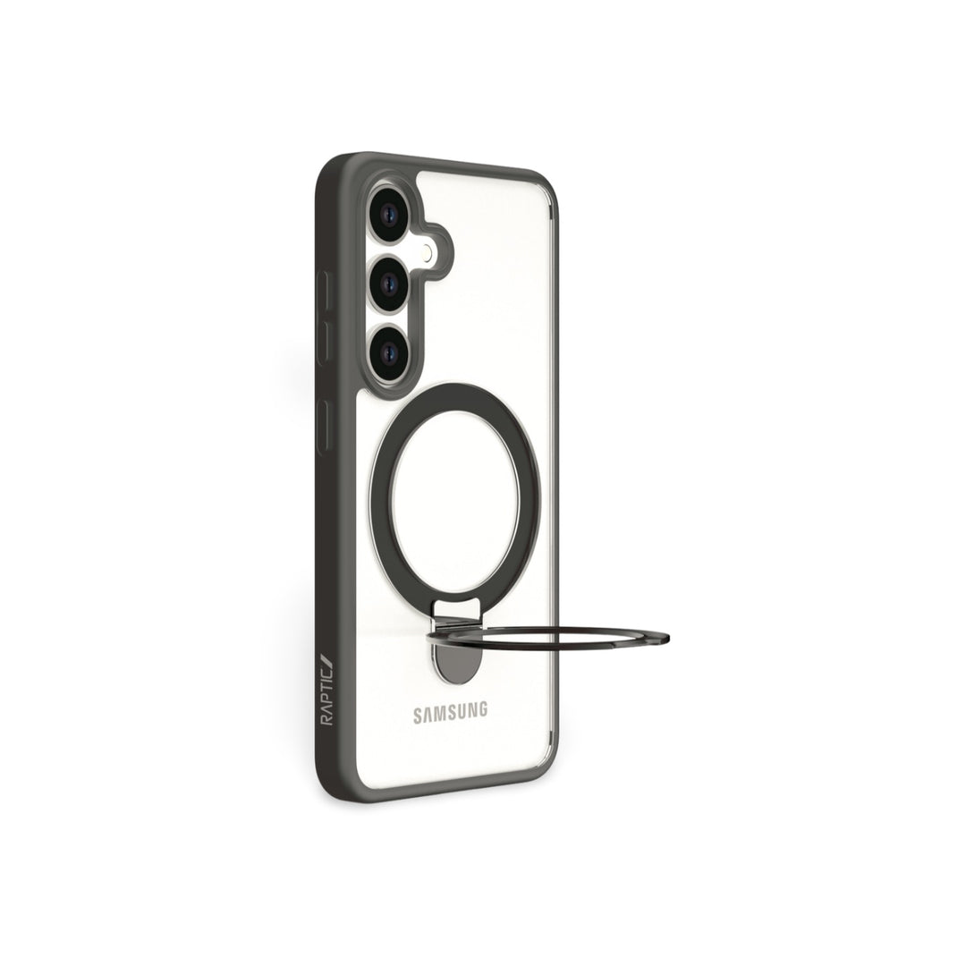 A clear RAPTIC Samsung S25 Air Stand case with black edges, a visible MagSafe ring, and an extended built-in metal kickstand is shown upright from the back. "Raptic" branding appears on the lower left edge.
