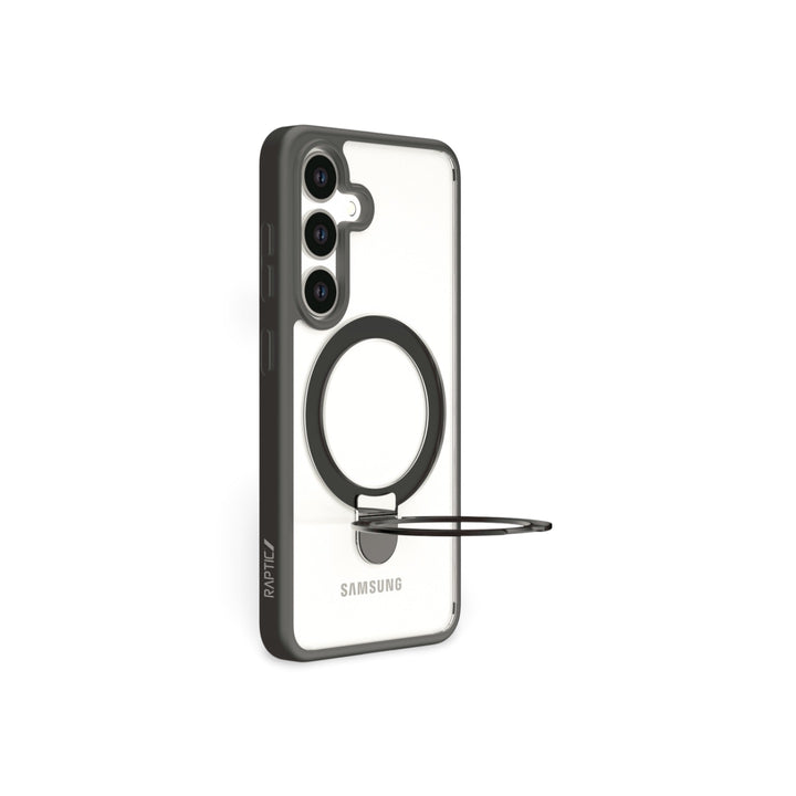 A clear RAPTIC Samsung S25 Air Stand case with black edges, a visible MagSafe ring, and an extended built-in metal kickstand is shown upright from the back. "Raptic" branding appears on the lower left edge.