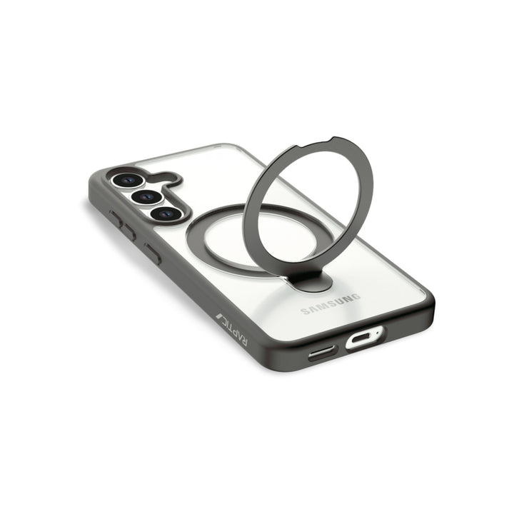 A clear Samsung S25 Stand Case by RAPTIC (Raptic Air Stand) with black edges is shown. It features a built-in circular metal ring stand on the back, cutouts for ports/buttons, and fits a phone with three rear cameras.