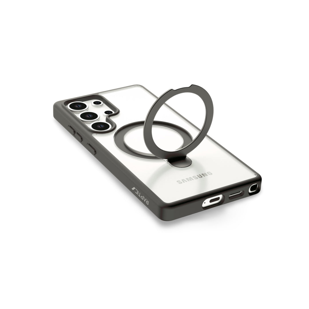 A Samsung S25 in a RAPTIC Air Stand case is shown. The clear case has black edges, a built-in metal ring stand centered on the back, and the phone’s triple rear cameras and charging port are visible.