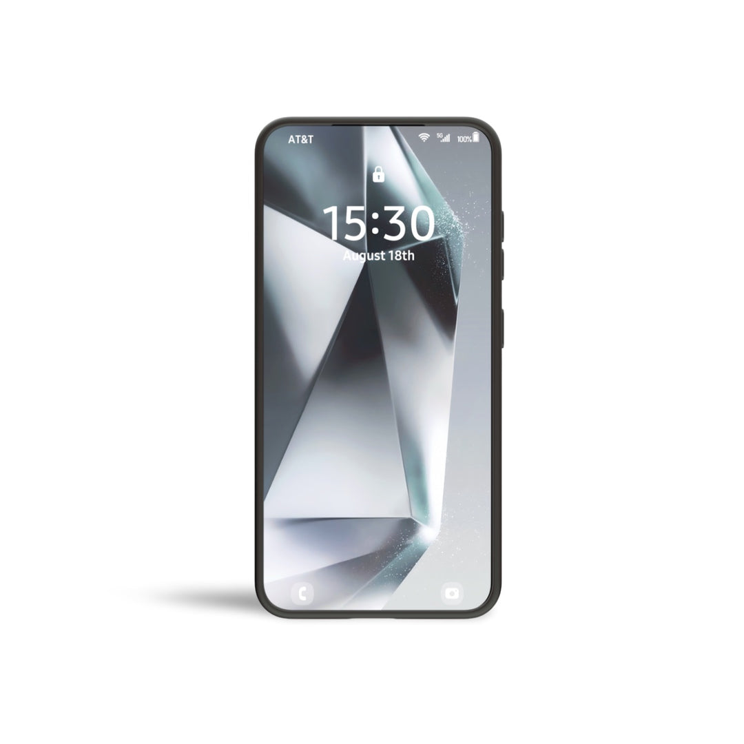 A Samsung S25 in a RAPTIC Raptic Air Stand case displays a bezel-less lock screen at 15:30, August 18th. Connected to AT&T with full signal and battery, the background is geometric and abstract in cool tones.