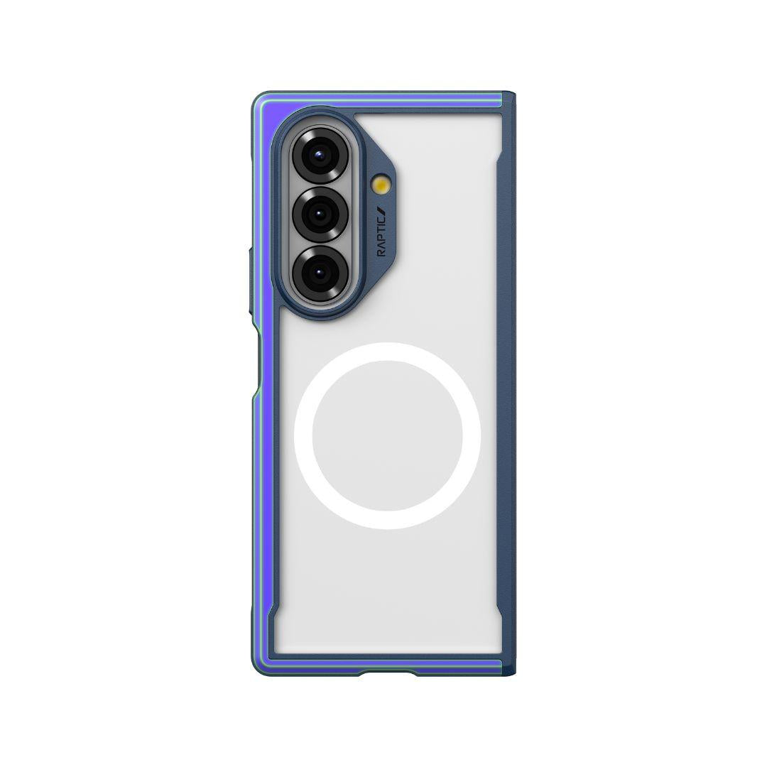 The MobileTechnica Samsung Galaxy Fold 7 in a Raptic Shield Iridescent case is shown from the back, displaying a triple camera in a vertical oval module with a white ring on the transparent section. The background is plain white.