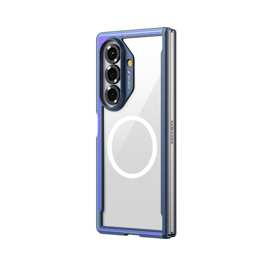 The RAPTIC Shield Iridescent for Samsung Galaxy Fold 7 is a clear hard-shell case with metallic blue edges, raised camera protection, and a white MagSafe ring at the center for enhanced style and security.