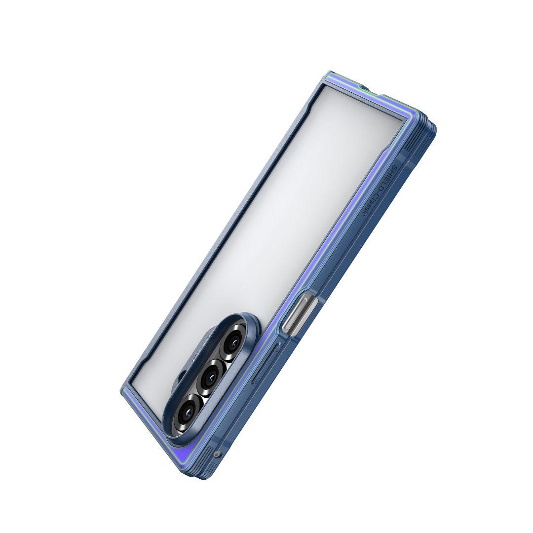 The MobileTechnica Raptic Shield Iridescent case provides perfect protection for your Samsung Galaxy Fold 7, with metallic edges, a transparent back, and a precise vertical cutout for the three rear cameras and flash.