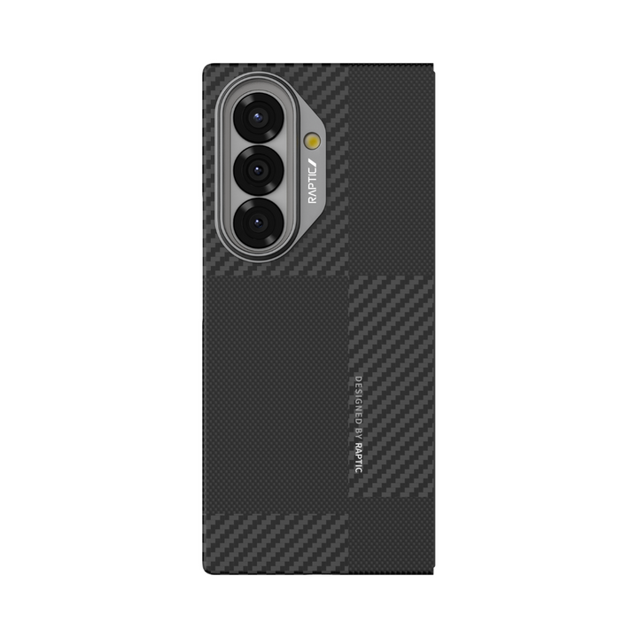 A close-up of the RAPTIC Aramid Fibre skin case on the Samsung Galaxy Fold 7 shows its black checkered texture, offering premium protection. The case features "RAPTIC" branding near the three vertical cameras and flash on the upper left.
