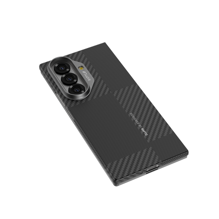 The RAPTIC Aramid Fibre Skin Case for Samsung Galaxy Fold 7 features a slim, black checkered design that enhances protection with triple rear camera cutouts, metallic accents, and hinge coverage—shown angled on a white background.