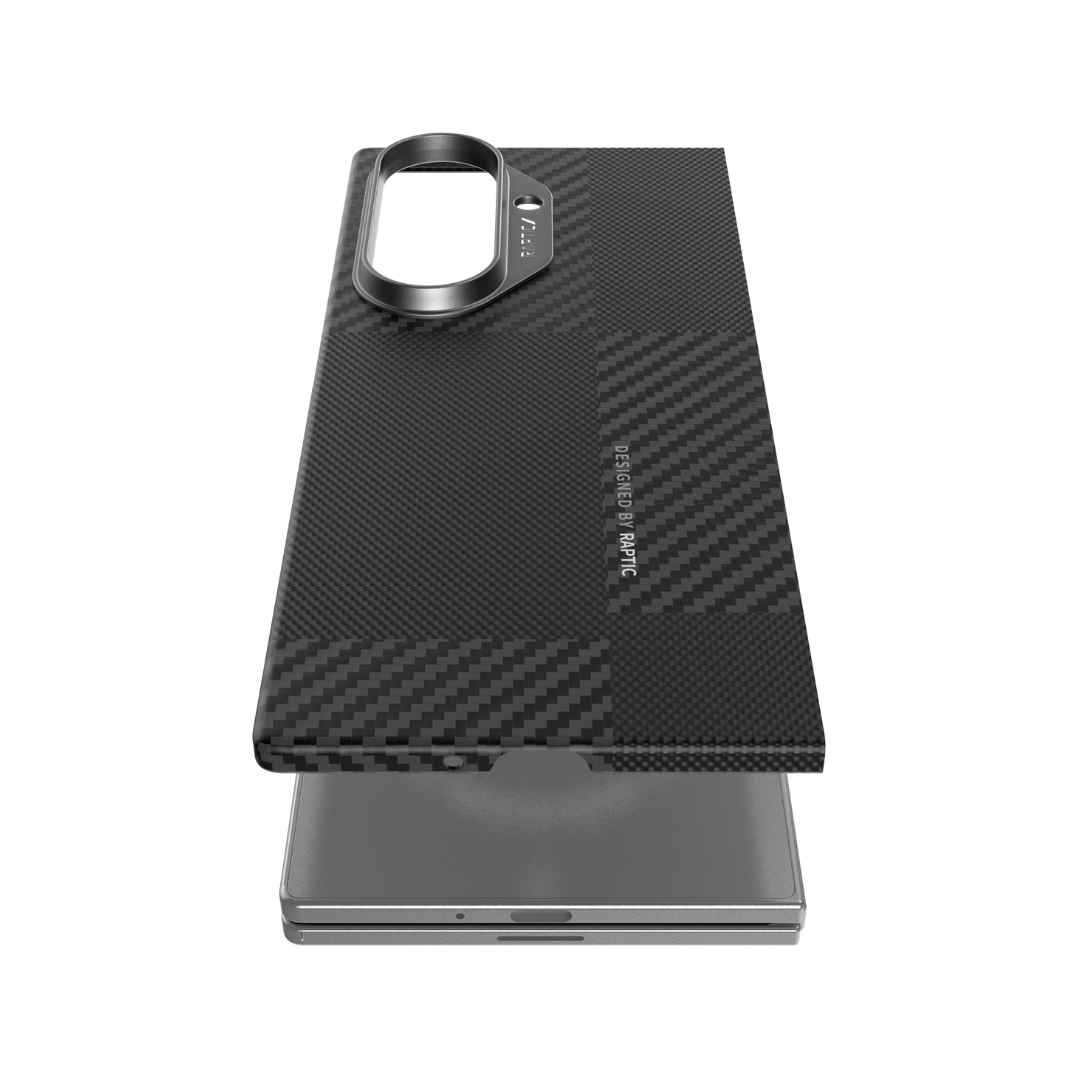 A slim, black RAPTIC Samsung Galaxy Fold 7 Skin Case made of aramid fibre with diagonal texture is shown over a silver phone. It features a large camera cutout, "RAPTIC" branding, and delivers premium protection.