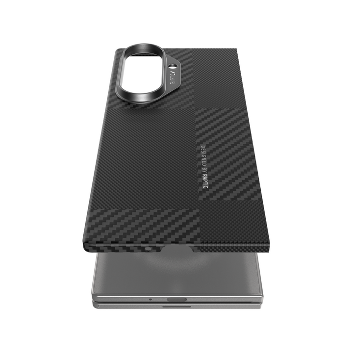 A slim, black RAPTIC Samsung Galaxy Fold 7 Skin Case made of aramid fibre with diagonal texture is shown over a silver phone. It features a large camera cutout, "RAPTIC" branding, and delivers premium protection.