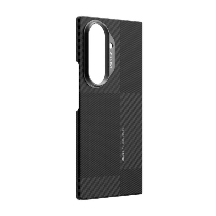 A slim, black Samsung Galaxy Fold 7 Skin Case by RAPTIC features durable aramid fiber with a textured checkered pattern and precise cutouts for camera and buttons, plus "FOR P17" and "DESIGNED BY PITAKA" printed on the back for protection.