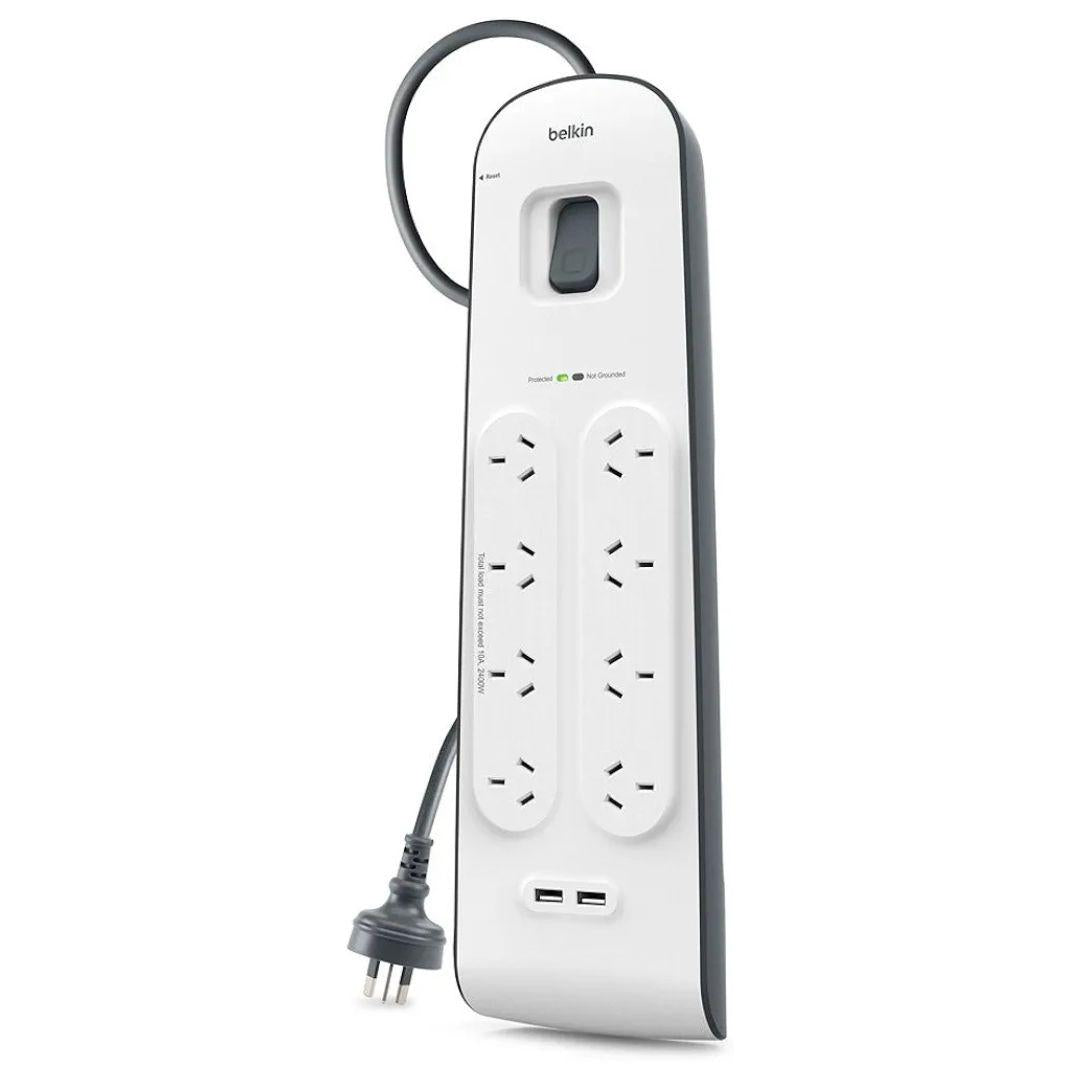 The MobileTechnica Surge Plus USB power strip offers advanced surge protection, six angled outlets, two fast-charging USB ports at the bottom, a black cord and switch, plus green indicator lights above the vertical outlets.