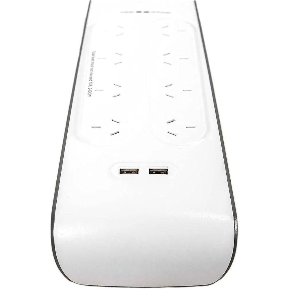 The MobileTechnica Surge Plus USB features eight angled Australian-style outlets and two fast charging USB ports centered on the top front. Its white, rounded-edge design offers a sleek, modern look when viewed from the front.