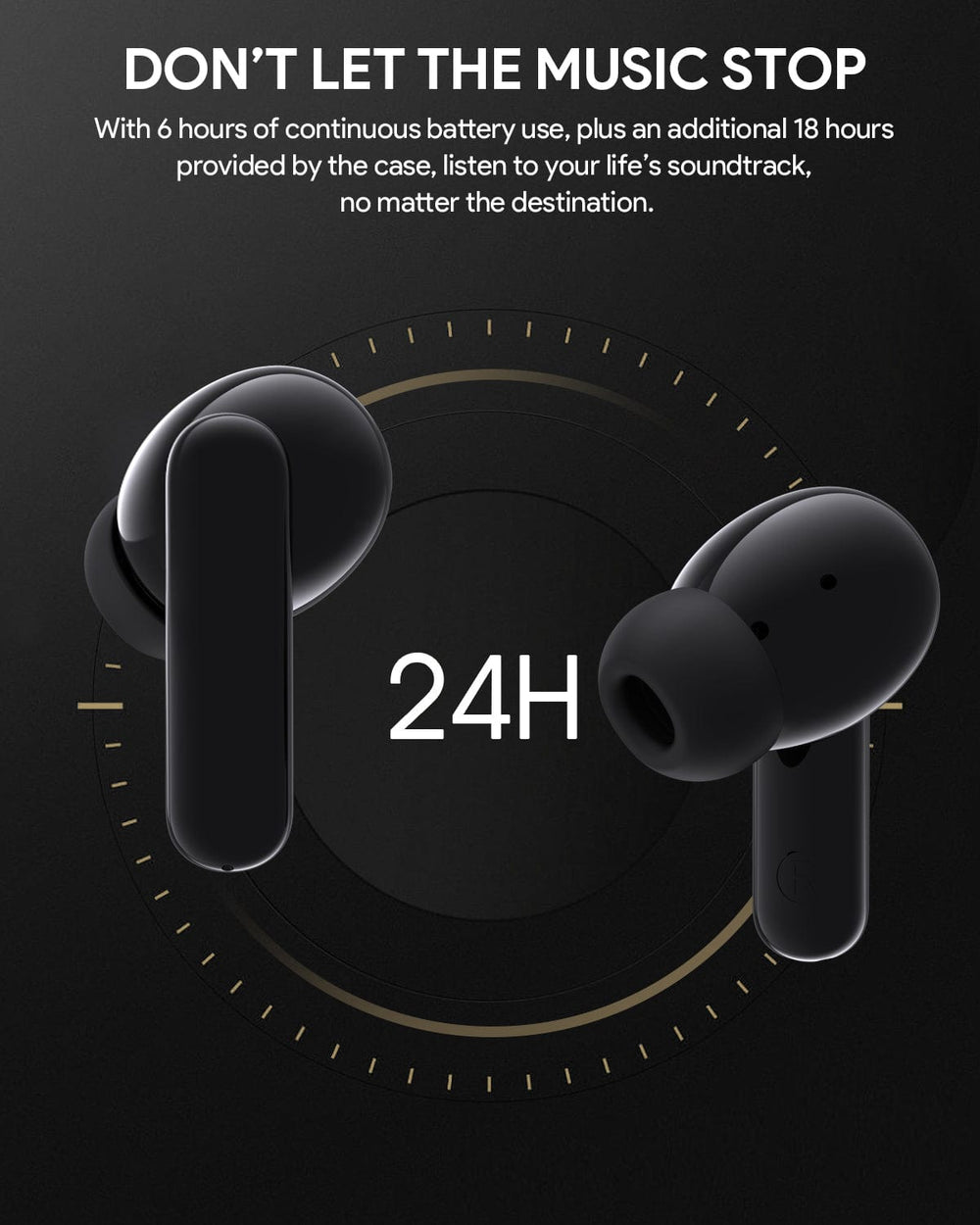 Two black Aukey Active Noise Cancelling Earbuds (Aukey MiniNC) appear before a dark backdrop with a golden clock. Above: “DON’T LET THE MUSIC STOP.” Below highlights 24H playtime and superior sound for nonstop music enjoyment.
