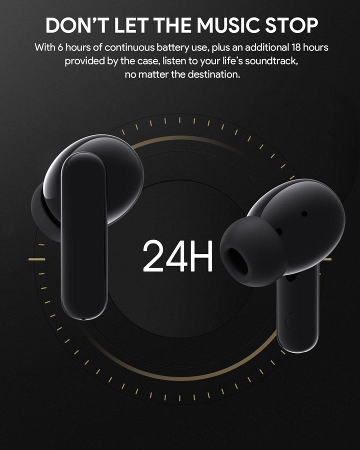 Two black Aukey Active Noise Cancelling Earbuds (Aukey MiniNC) appear before a dark backdrop with a golden clock. Above: “DON’T LET THE MUSIC STOP.” Below highlights 24H playtime and superior sound for nonstop music enjoyment.