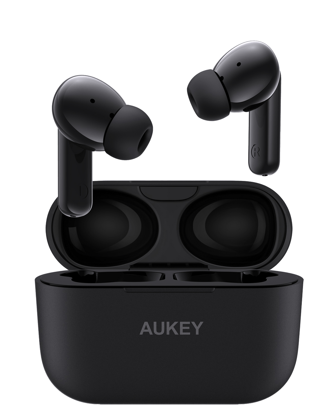 A pair of black Aukey Active Noise Cancelling Earbuds (Aukey MiniNC), one floating above and one beside an open matte case with the Aukey logo. Silicone ear tips offer clear calls and rich sound.