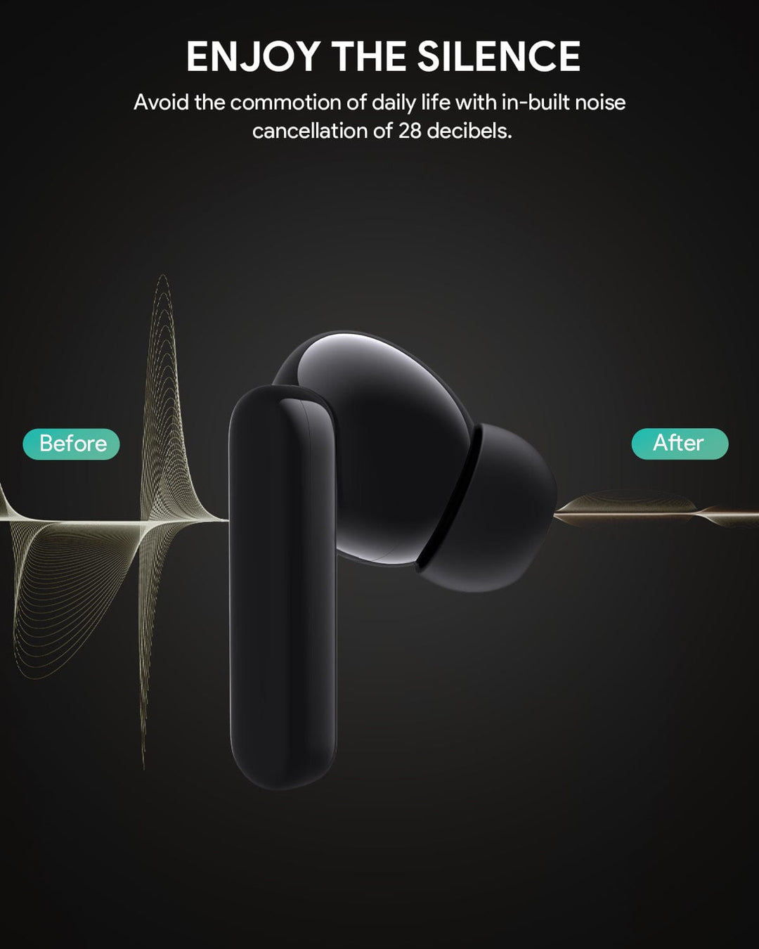 A stylish black Aukey Active Noise Cancelling Earbud (Aukey MiniNC) sits on a dark backdrop with wavy lines, "Enjoy the Silence" above. "Before" and "After" labels show reduced sound, highlighting 28dB ANC for exceptional audio.