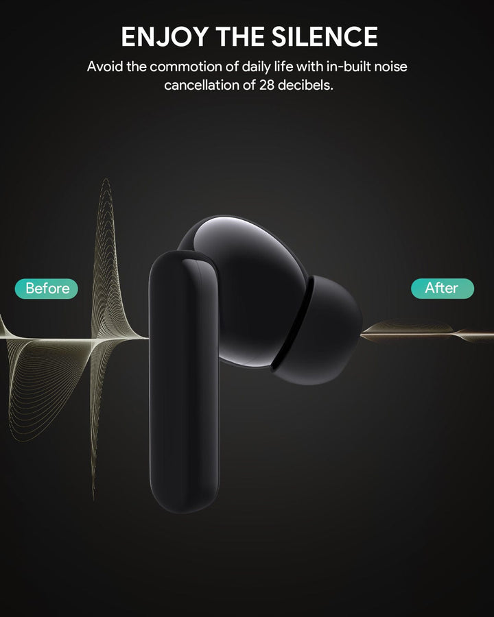 A stylish black Aukey Active Noise Cancelling Earbud (Aukey MiniNC) sits on a dark backdrop with wavy lines, "Enjoy the Silence" above. "Before" and "After" labels show reduced sound, highlighting 28dB ANC for exceptional audio.